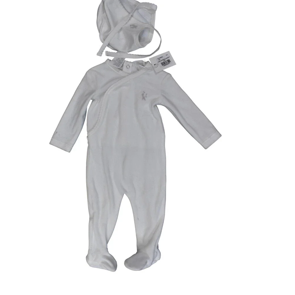 Kipp Baby Outfit Set Girls 3-6M White Velour Logo Footed Romper Bonnet 2 Piece